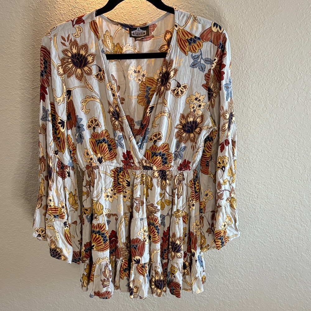 Angie Boho Floral V-Neck Mini dress with Flowy Sleeves/ Size Medium